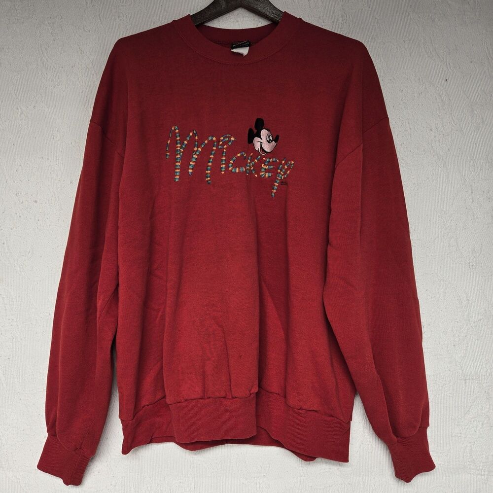 Mickey Unlimited Vintage Disney Adult L Red Rainbow Embroidered Sweater Kidcore